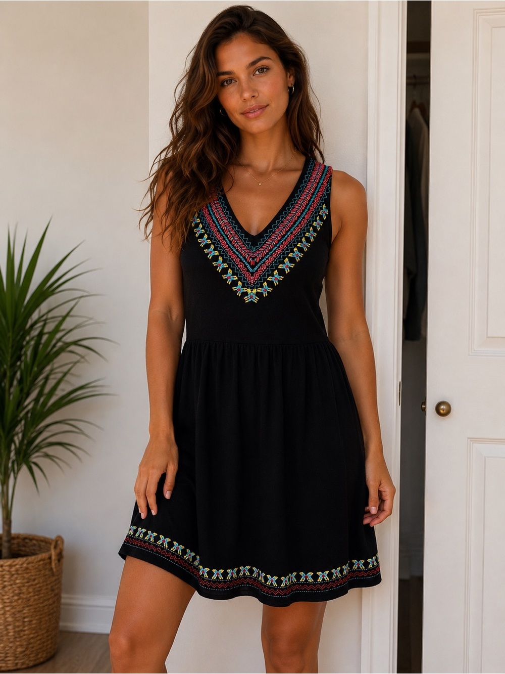 Black Sleeveless V-Neck Embroidered Summer Dress